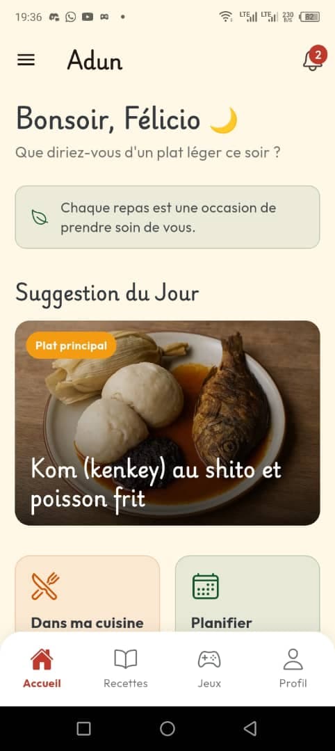 Aperçu de l'interface du plan de repas hebdomadaire Adun